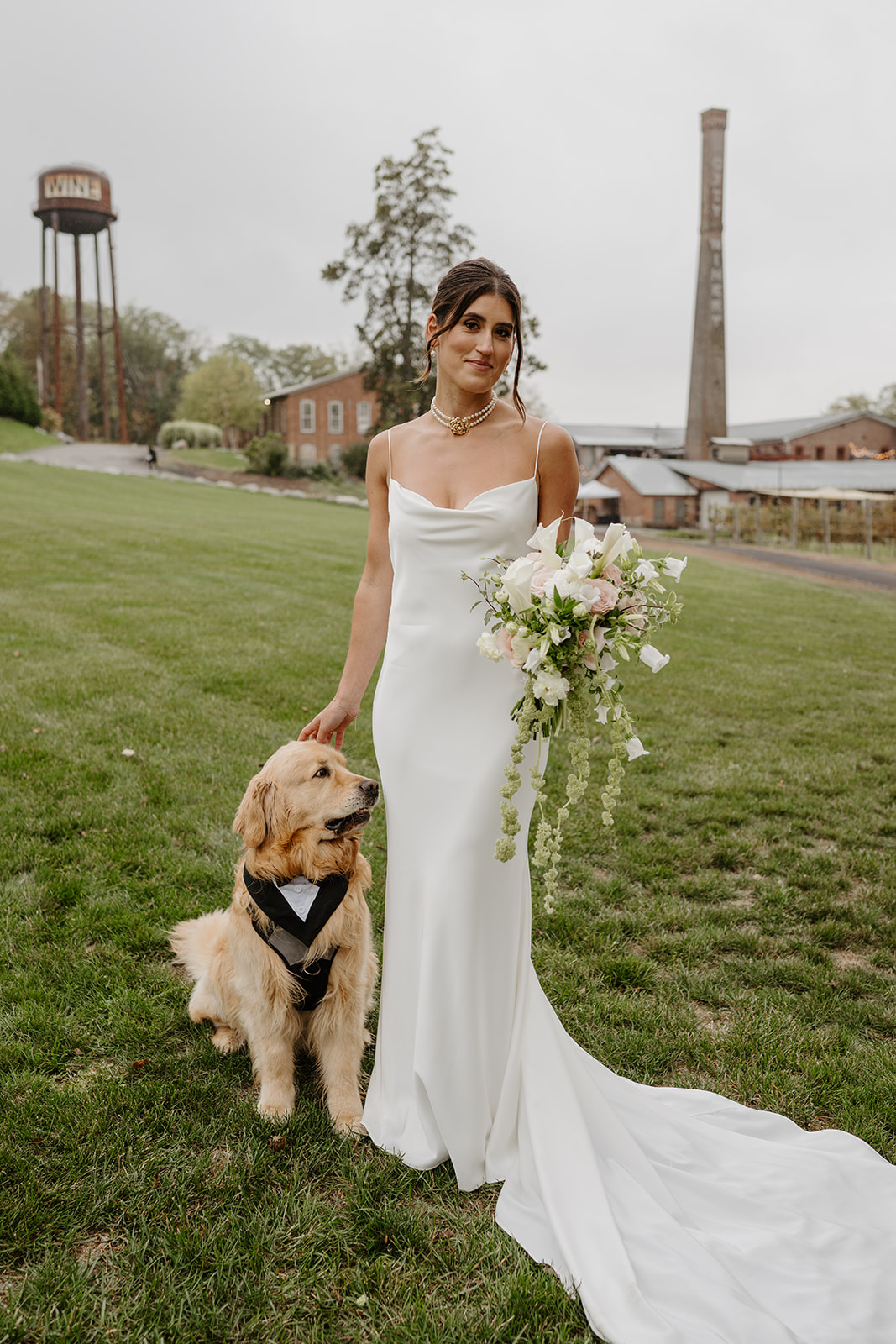 Bride smiles, petting her golden retriever in a tuxedo harness on the City Winery lawn.